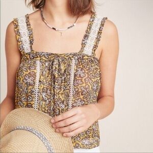 ANTHROPOLOGIE Yellow Bardot Crotchet Blouse Boho Retro Sz 6 NEW